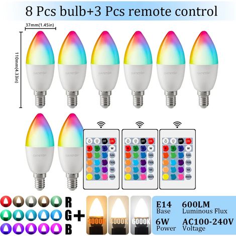 Lampes de croissance pour plantes Ampoule LED E14 (RGB 3000K, 8 unités, AC100-240V) avec télécommande 24 touches, intensité variable, 6W et changement de couleurs, idéale pour chambre ou salon. (1/5)