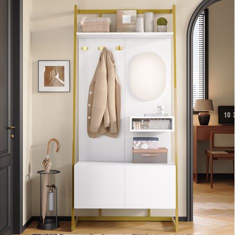 Mueble de entrada con espejo, ganchos y zapatero, blanco OKMYHOME (1/5)