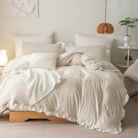 Feuille de Lotus Housse de Couette 220x240cm + 2 taies d'oreiller 65x65cm Ado Fille Adulte Beige Blanc Volants Romantique Parure de Lit 2 Personnes Avez Fermeture Éclair (1/5)