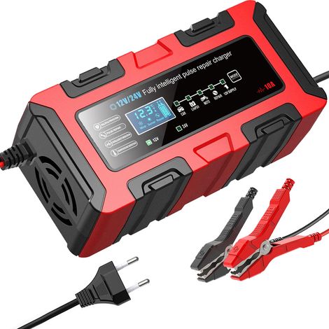 Chargeur intelligent pour batteries de voitures et motos, courant élevé de 10 A, 12 V/24 V, compatible avec les batteries au lithium ferromagnétique, au plomb-acide et AGM (1/5)