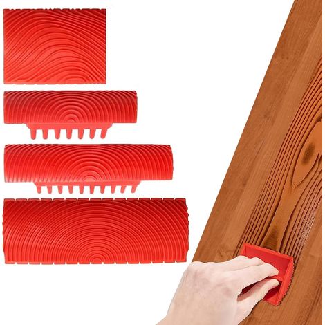 4 Pièces Outil de Grain de Bois de Caoutchouc, Outil de Peinture en Caoutchouc pour Peinture Murale Rouleau Peinture Effet Bois pour Mur, Meuble, Porte, Cadre de Fenêtre (1/5)
