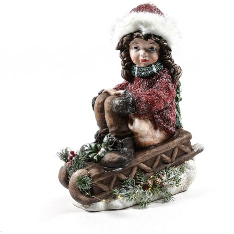 Statuetta decorativa "Carol su slitta" in ceramica con luci da 55 cm