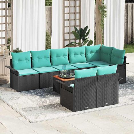 vidaXL Ensemble de canapé de jardin 9 pcs Noir et turquoise polyrotin (1/5)