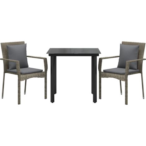 Set da pranzo da giardino 3 pezzi con cuscini neri e grigi 020014758