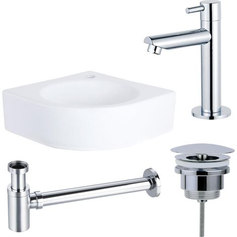 QeramiQ Fuente Pack Lave-mains d'angle - 30x30x10cm - 1 trou de robinet - céramique - robinet Chrome - Blanc brillant