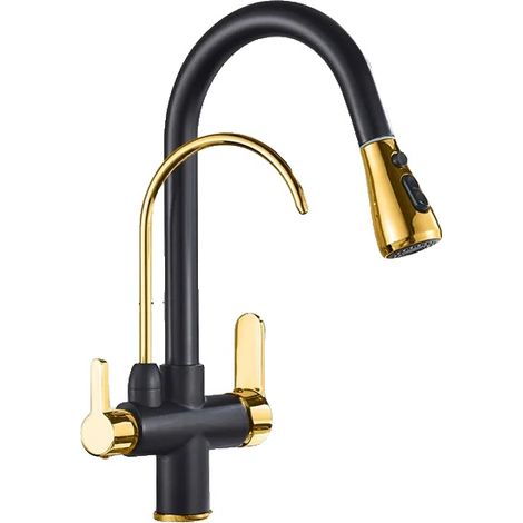 Grifo de cocina, construcción de latón resistente, funcionamiento con doble manija, negro y dorado B (1/2)