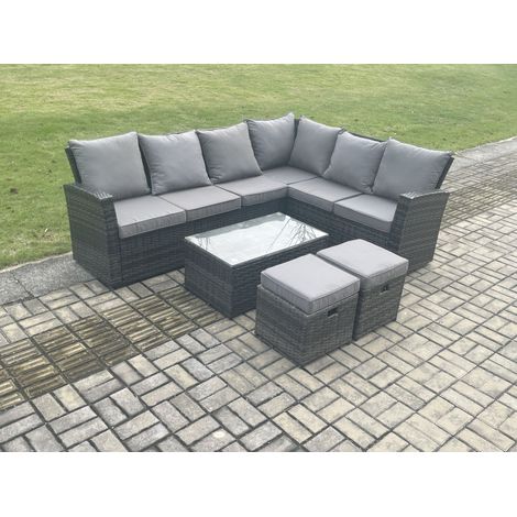 Fimous Wicker PE Outdoor Garden Furniture Set High Back Rattan Corner Sofa Set with Rectangular Coffee Table 2 Small Footstools (1/5)