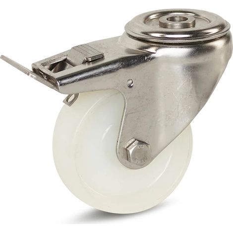 Roulette pivotante freinée - MESO - Nylon inox - 80mm - Trou central - 140kg