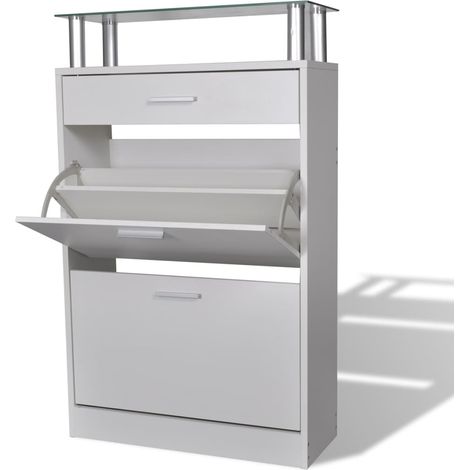 Meuble à chaussures, Étagère à Chaussures, Armoire à Chaussures avec tiroir et plateau en verre Bois Blanc NHU30986 (1/5)