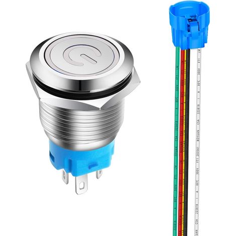 19mm Acier Inoxydable Verrouillage Bouton Poussoir Interrupteur, LED de Symbole d'alimentation 12V-24V 5A Interrupteur à Levier Étanche avec Fiche à Douille (LED Blanc) (1/5)