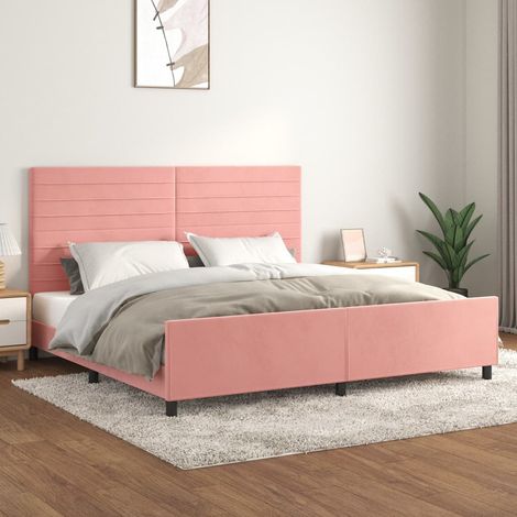 Cadre de lit 200 x 200 cm avec tête de lit réglable, velours rose, sans matelas, 50.2kg - PANGIVO (1/5)