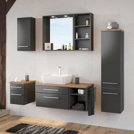 Waschtisch-Unterschrank 90 cm mit Siphonausschnitt Rechts inkl. Keramik Aufsatzwaschbecken & Regal TAREE-03 in matt grau