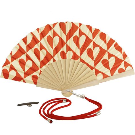 WD LifeStyle Ventaglio in Legno e Tessuto Decoro Cuori con Porta Cellulare Giallo Rosso