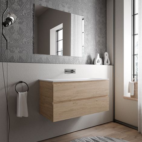 Bernstein – Meuble vasque suspendu 100 cm – MDF chêne miel – Lavabo fonte minérale blanc mat – 2 tiroirs avec coulisses Hettich – Pré-assemblé
