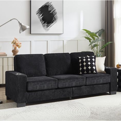 3-Sitzer-Sofa aus schwarzem Cordstoff, 206 x 72 x 86 cm, mit Getränkehaltern, OKMYHOME (1/5)