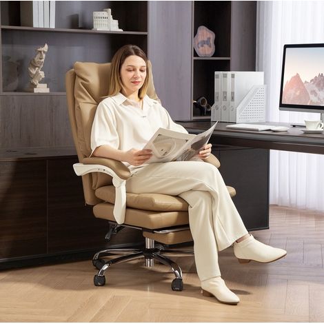 Chaise de bureau en similicuir marron inclinable avec repose-pieds extensible et vérin à gaz, 65 x 76 x 113-121 cm (1/5)