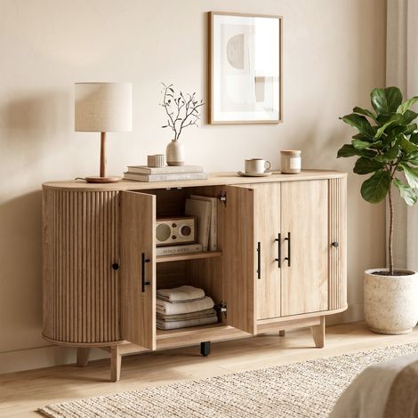 Buffet salon, meuble de rangement ovale avec 4 portes et 2 étagères réglables, 147x40x76cm, chêne (1/5)