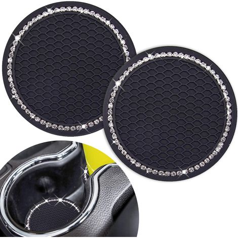 Lot de 2 sous-verres de voiture mignons avec strass (noir, 7 cm), sous-verres universels en silicone antidérapants et brillants, accessoires de voiture pour femmes et dames. (1/5)