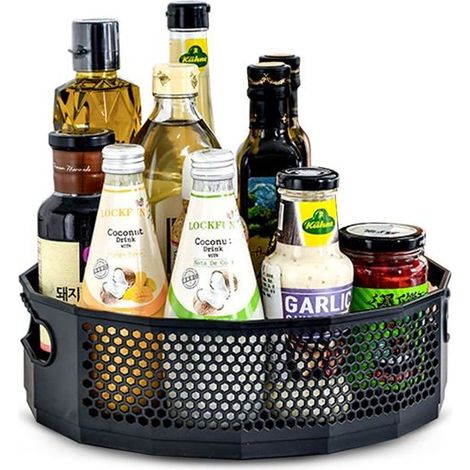 Plateau Tournant Rangement Epices Cuisine (Noir, 22,5x6,5cm) Plastique Range Epices Cuisine Rotatif pour Condiments (1/5)