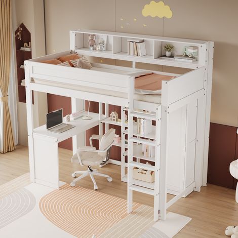 Lit superposé enfant avec bureau et placard, barrière protectrice, étagères et échelle 4 marches, rangement intégré, pin, MDF, contreplaqué, blanc, 90x200 cm (1/5)