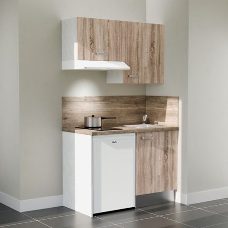 Kitchenette K01L-PT - 120 cm avec plan de travail et évier, emplacements frigo et hotte - Façade Bois - Plan Bois - Evier Inox - Crédences Oui (1/5)