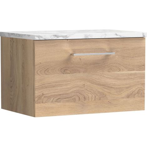 Balterley Bramshall 600mm Wall Hung 1 Drawer Vanity Unit & Laminate Worktop for Stylish Compact Bathroom Storage - Bleached Oak