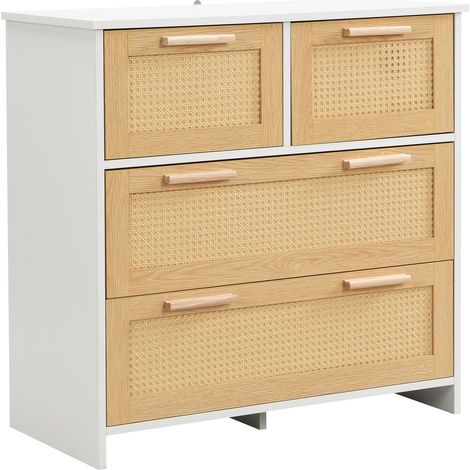 Sideboard mit 4 Schubladen aus MDF in Rattanoptik, weiß/natur, Holzgriffe 80 x 80 x 38 cm (1/5)