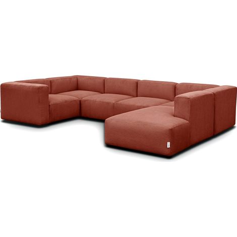 Canapé modulable panoramique 9 places ouvert à droite + pouf en velours côtelé rouille - Modulo (1/5)