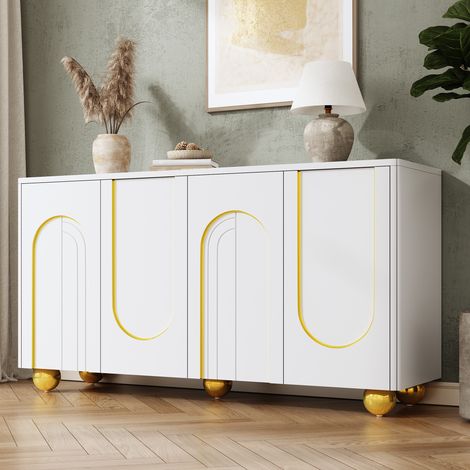 Credenza bianca 4 ante - 140 x 40 x 74 cm - mobile da soggiorno sala da pranzo ingresso con decoro ad arco dorato e piedini sferici - mdf truciolato (1/5)
