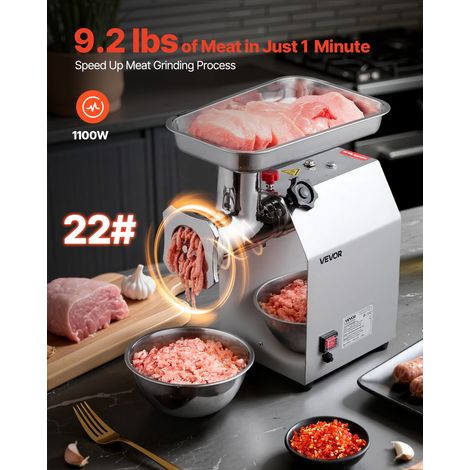 Hachoir à viande électrique, capacité de 4,2 kg/min, poussoir à saucisses industriel 1100 W, calibre 22, avec 2 lames en acier inox… (1/5)