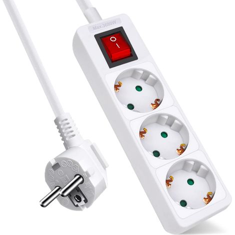 Multiprise avec 3 Prises et Interrupteur, câble 1,5 m, 3 Prises pour la Maison, Le Bureau et Les Voyages, Max 3680 W, 16 A, 250 V, Blanc, 1 pc (1/5)