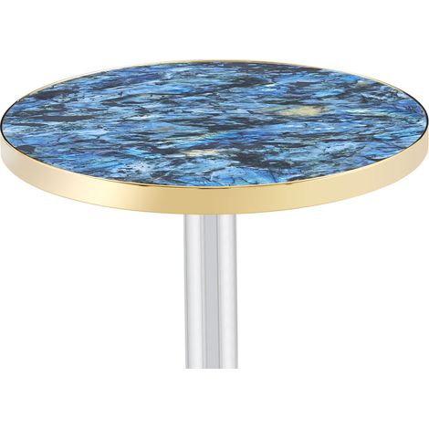 Mesa auxiliar redonda de 60 cm con efecto mármol azul y borde dorado, estructura metálica, HOMVRA (1/5)