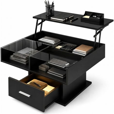 CHICFURN Mesa de centro elevable 78x78 cm negra con LED y almacenaje (1/5)