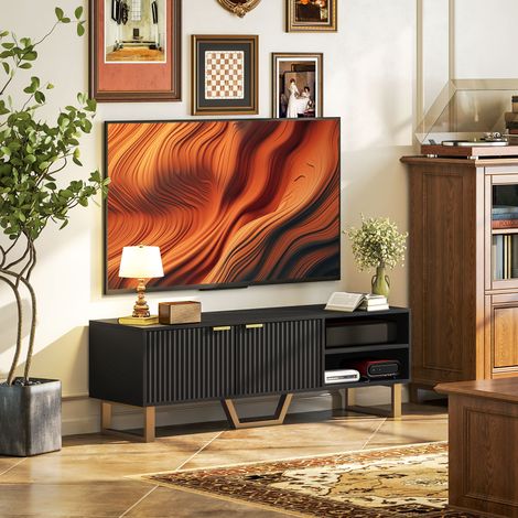 Meuble TV banc TV pour téléviseur jusqu'à 70 pouces - placard à 2 portes cannelées. compartiment ouvert et passe-câbles