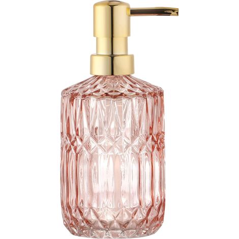 1 - Distributeur De Savon Liquide - Flacon En Verre - Rechargeable Pour Cuisine Et Salle De Bain - Surface Taillée - Rose - 300ml (1/5)