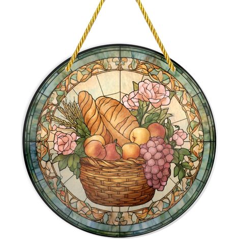 Panier en osier garni de pain, fruits et fleurs, décoration murale ronde acrylique 30 x cm (1/5)