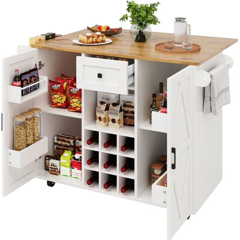Îlot de cuisine,buffet de cuisine extensible avec tiroir & 2 étagères latérales & Armoire 2 portes,137,5×40×95,6cm,Blanc