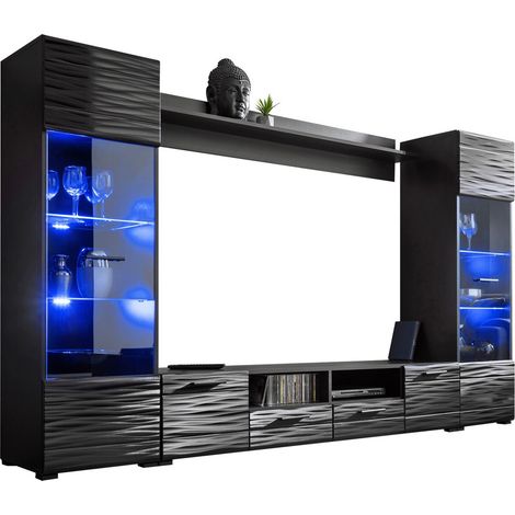 Mobilier1 – Ensemble de salon Topeka 112 – Stratifié et verre – Dimensions compactes 150x260x41cm – Éclairage LED intégré – Design moderne
