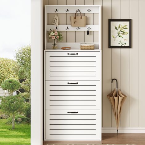 Armoire de rangement 3 portes, étagère à chaussures avec patères, organiseur pour sacs et chapeaux, capacité 15 paires de chaussures