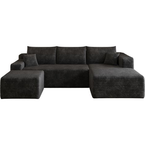 Divano angolare L 241 cm nero in tessuto corduroy, imbottitura in schiuma, senza montaggio (1/5)