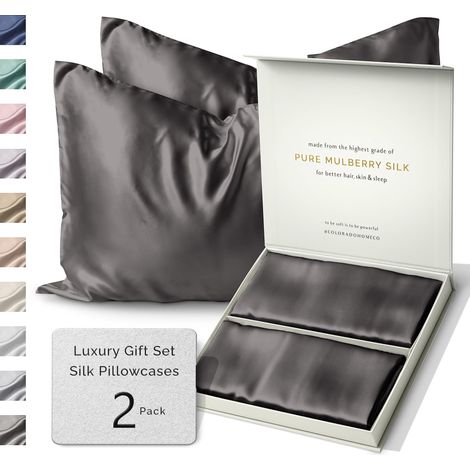 Lot de 2 Housses de Couette en Soie de mûrier 22 mommes avec Fermeture éclair Standard, Queen, King Size, Graphite (Charcoal Essence) (1/5)