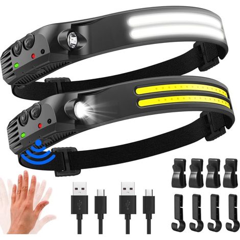 Confezione da 2 lampade frontali a LED ultra potenti, 2000 lumen, angolo del fascio di 230°, torcia frontale ricaricabile tramite USB con sensore di movimento, impermeabile IPX5, per pesca, campeggio, (1/4)