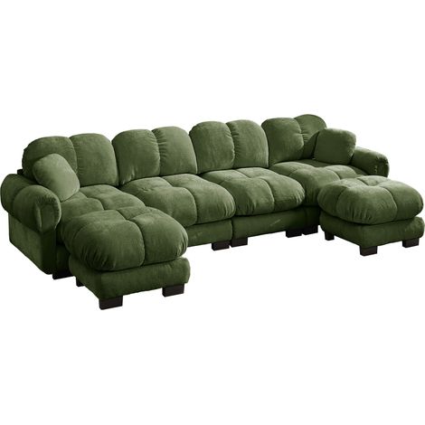 Divano da soggiorno a U 4 posti in ciniglia verde, modulare con 2 pouf mobili (1/5)