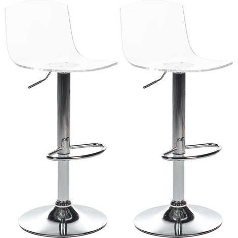 Conjunto de 2 sillas de bar giratorias de acrílico con reposapiés altura ajustable pata de metal plateado transparente Imola