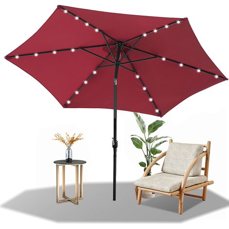 Randaco 2.7m Sonnenschirm UV50+ Neigbar Sonnenschutz Gartenschirm Strandschirm LED Solar, knickbar, Schirmtuch mit PA-Beschichtung, Rot
