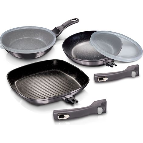 Berlinger Haus Carbon Pro Set 2 Sartenes y Grill 20-24-28cm Inducción, Aluminio Forjado, Antiadherente, Mangos Extraíbles  Gris Oscuro