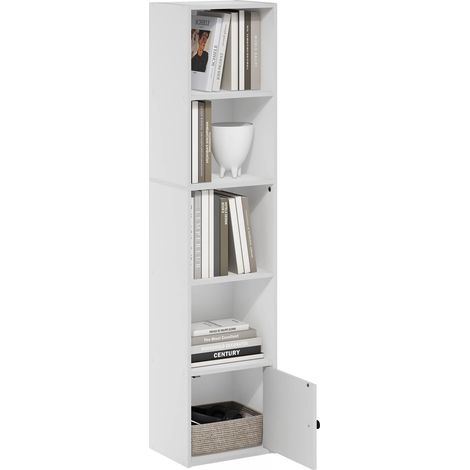 Bibliothèque à 5 Niveaux avec 1 Porte de Rangement, Blanc (1/5)