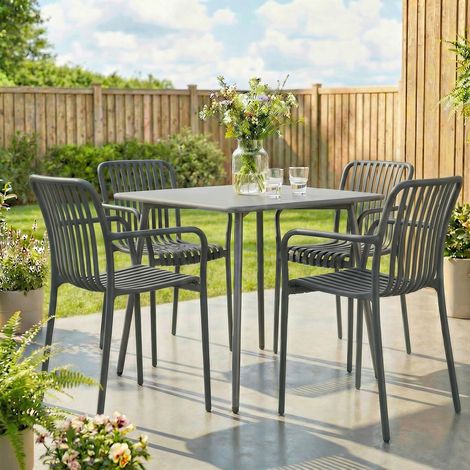 Gartenstühle 4er Set Stapelbare Terrassenstühle mit Lamelldesign Armlehnen, Ergonomisch Dunkelgrau