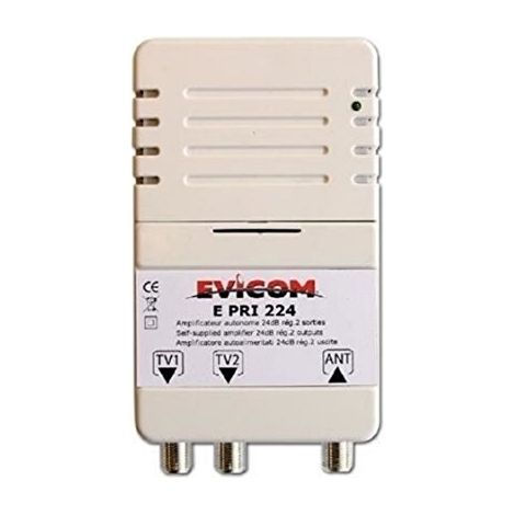 Evicom – Amplificateur TV autonome 2 sorties – Gain VHF 21dB et UHF 25dB – Fréquence 40-862 MHz – Témoin lumineux de fonctionnement