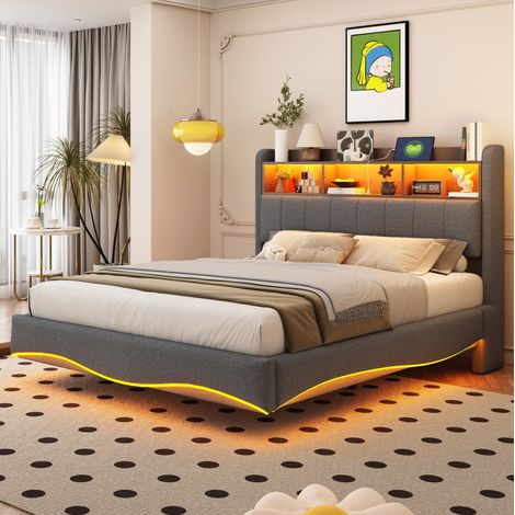Letto imbottito sospeso 140x200 cm grigio, tessuto effetto lino, testiera con LED, USB e Type-C (1/5)